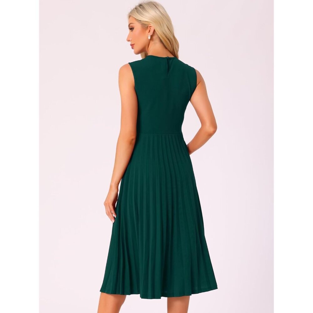 Women's Sleeveless Pleated Dress Knitted Midi Crew Neck Elegant Office - Picture 4 of 5